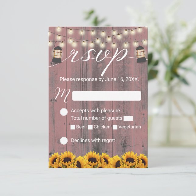Cartons Réponse Tournesol rustique et Lanterne rose Grange mariage (Debout devant)