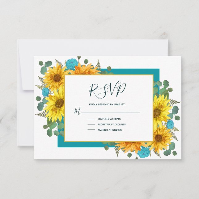 Cartons Réponse Tournesol rustique Turquoise Mariage campagnard Ro (Devant)
