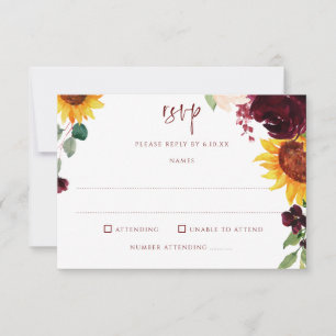 Cartons Réponse Tournesols et roses rouges de Bourgogne Mariage d'