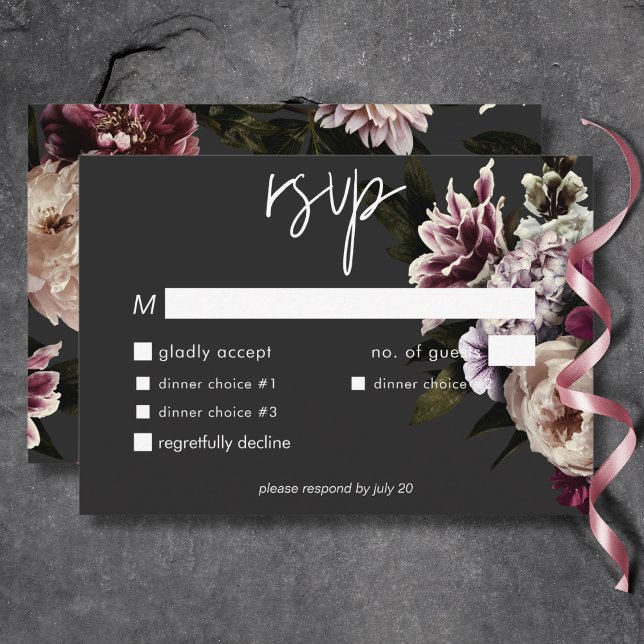 Cartons Réponse Tournoi à la crème de Bourgogne moderne - dîner fl (Modern Burgundy Cream Peonies Floral Black Dinner RSVP Card)