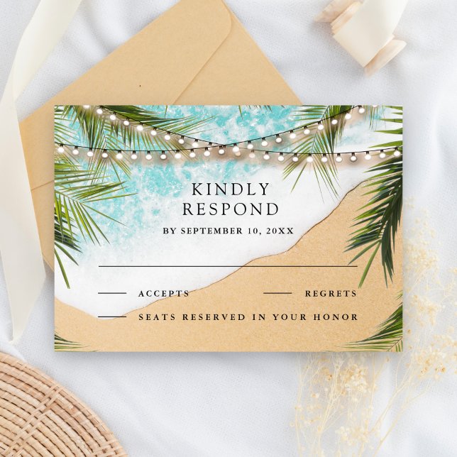 Cartons Réponse Tropical Beach Palm String Lights Wedding (Créateur téléchargé)