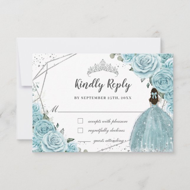 Cartons Réponse Turquoise Blue Floral Silver Quinceañera Princesse (Devant)