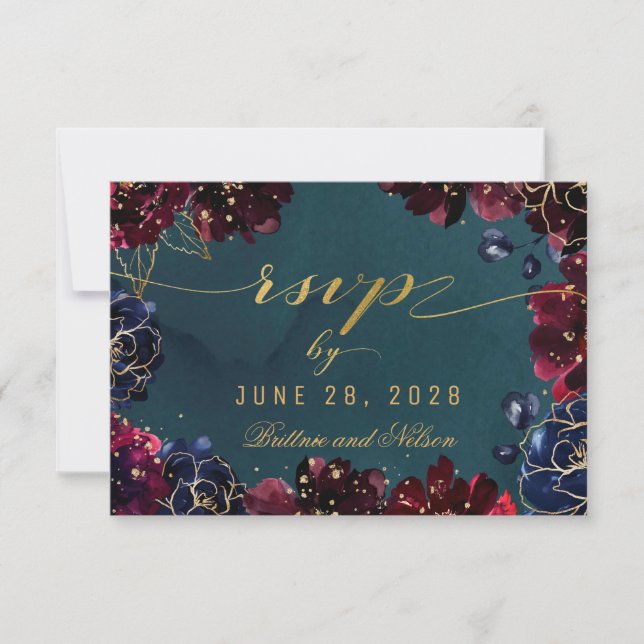 Cartons Réponse Turquoise Bordeaux Sapphire Bijou Tone Mariage Ret (Devant)