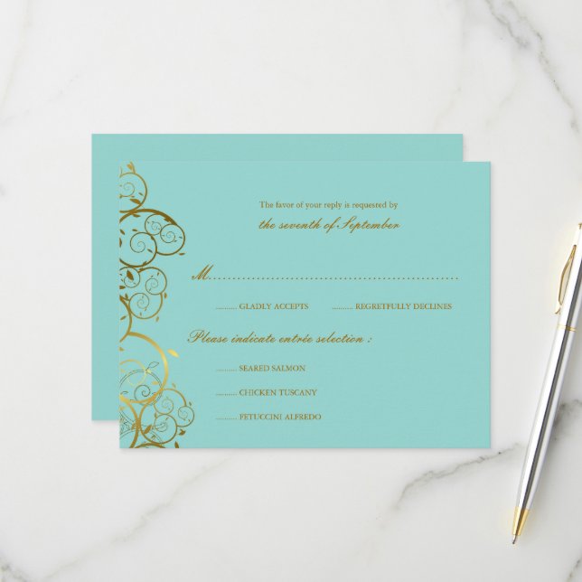 Cartons Réponse Turquoise & Classy Golden Spirals Mariage élégant (Devant/Arrière en situation)