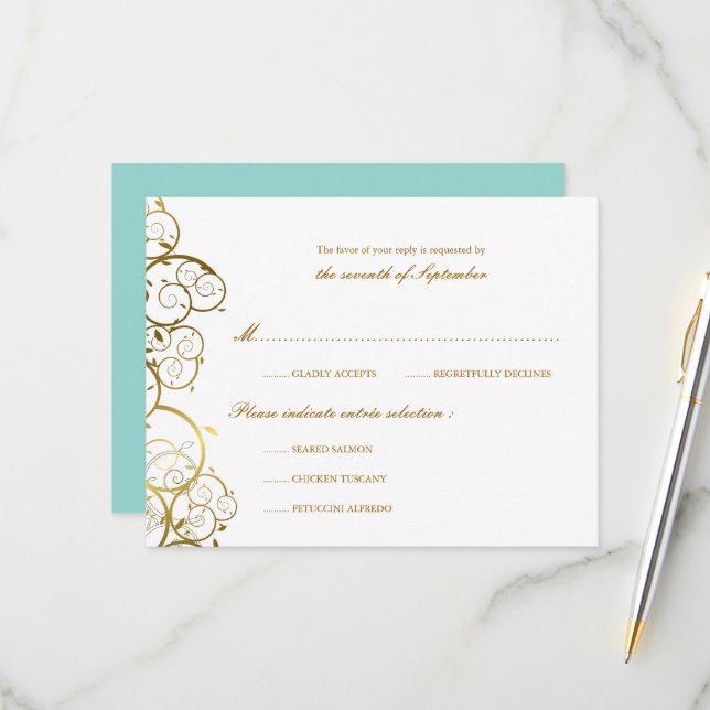 Cartons Réponse Turquoise & Classy Golden Spirals Mariage élégant (Devant/Arrière en situation)