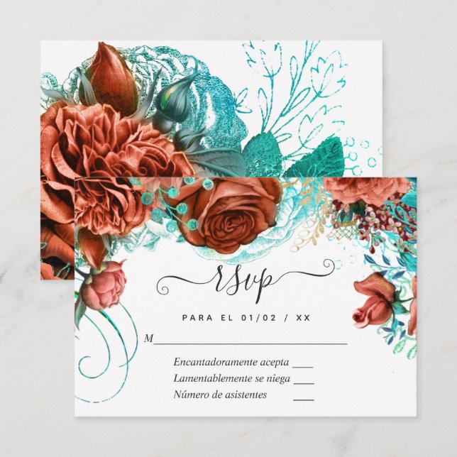 Cartons Réponse Turquoise espagnol - Turquoise et Mariage Floral C (Devant / Derrière)