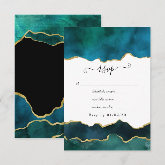 Cartons Réponse Turquoise et Gold Strata Agate Mariage (Devant / Derrière)