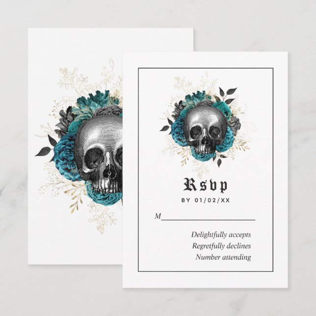 Cartons Réponse Turquoise Floral Gothique Mariage crâne (Devant / Derrière)