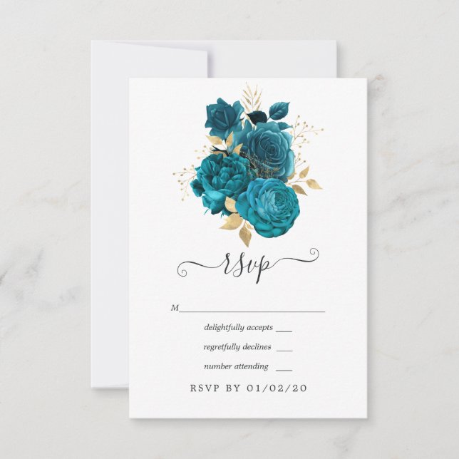 Cartons Réponse Turquoise - Mariage Floral Or et Sarcelle (Devant)