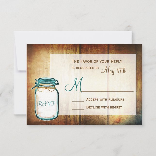 Cartons Réponse Turquoise Mason Jar Grange Bois Mariage rustique C (Devant)