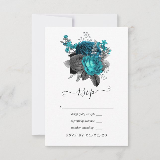 Cartons Réponse Turquoise - Sarcelle Mariage Fleur Argent et Noir (Devant)