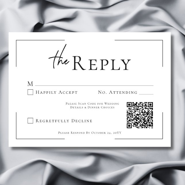 Cartons Réponse Typographie minimale Mariage noir et blanc Code QR (Minimal Typography Black & White Wedding QR Code RSVP Card)
