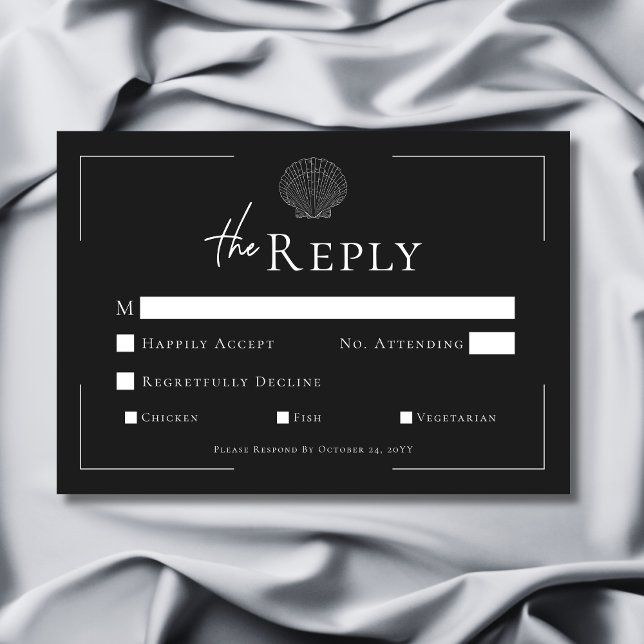 Cartons Réponse Typographie minimale Mariage Shell noir et blanc (Minimal Typography Black & White Shell Wedding RSVP Card)