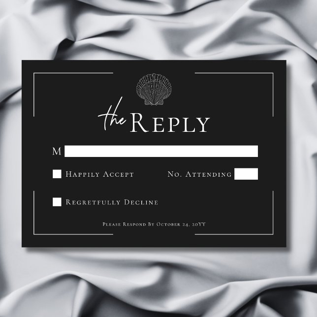 Cartons Réponse Typographie minimale Mariage Shell noir et blanc (Minimal Typography Black & White Shell Wedding RSVP Card)