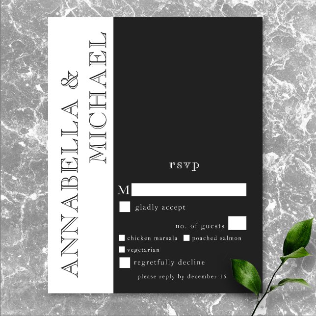 Cartons Réponse Typographie moderne noir blanc Mariage dîner (Modern Typography Black White Wedding Dinner RSVP Card)