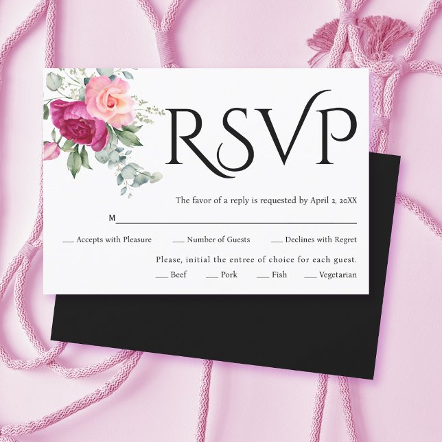 Cartons Réponse Typographie noire, fleurs roses mariage (Créateur téléchargé)