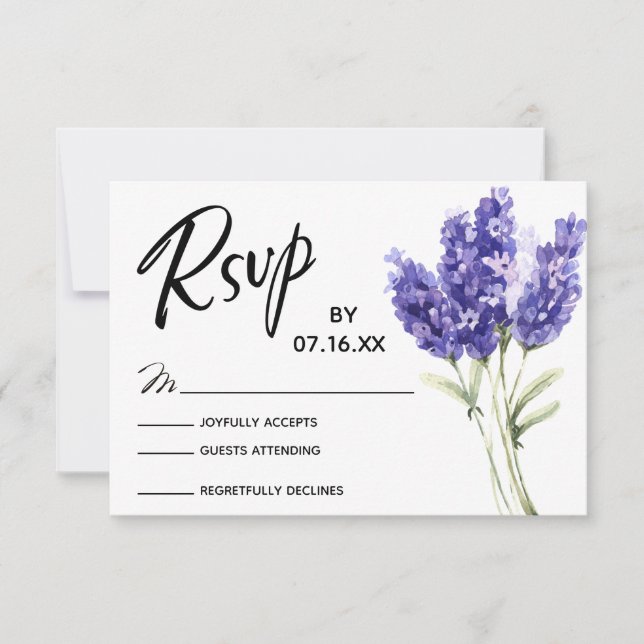 Cartons Réponse Typographie RSVP, Fleurs d'aquarelle Lavande (Devant)