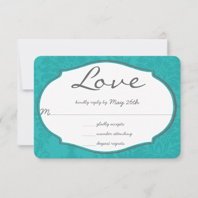 Cartons Réponse Typographie Turquoise Blue Mariage damassé (Devant)