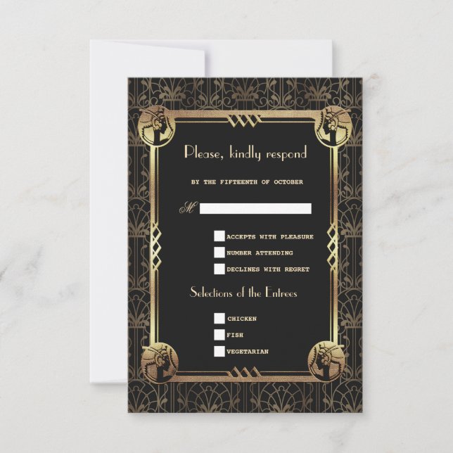 Cartons Réponse Unique Gold Black Great Gatsby Art Déco Mariage (Devant)