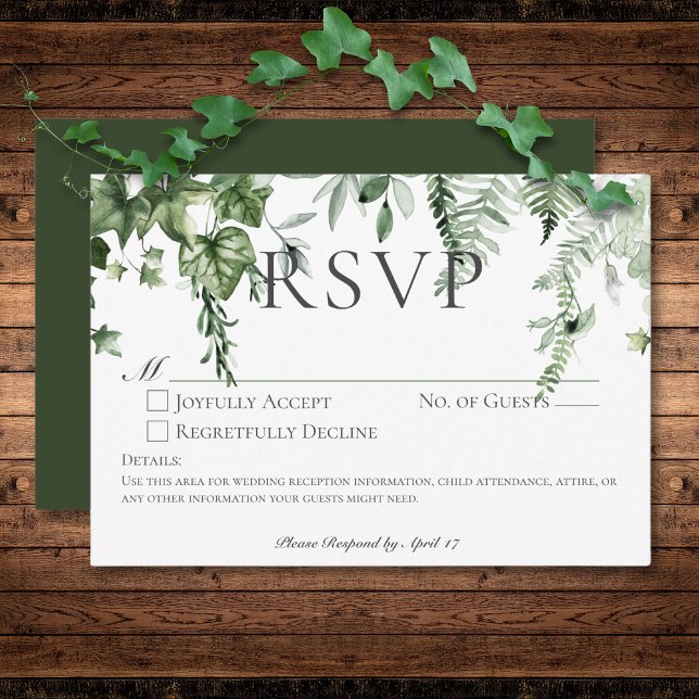 Cartons Réponse Verre Rustique & Sage Green Mariage vert Pas de dî (Rustic Ivy & Sage Greenery Green Wedding No Dinner RSVP Card)