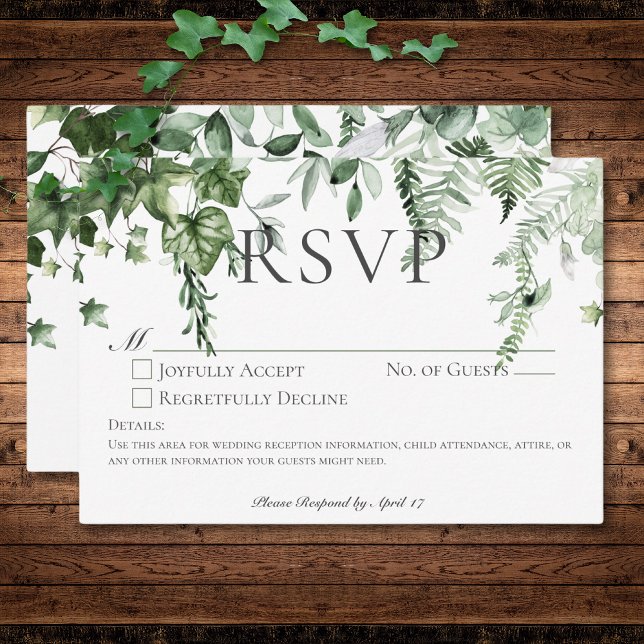Cartons Réponse Verre Rustique & Sage Verdure Mariage Pas de dîner (Rustic Ivy & Sage Greenery Wedding No Dinner RSVP Card)