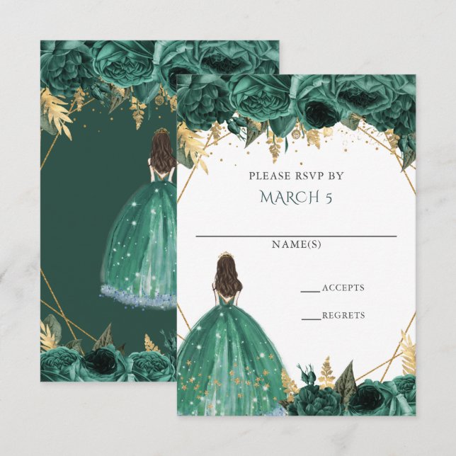 Cartons Réponse Vert émeraude or floral princesse Quinceanera (Devant / Derrière)