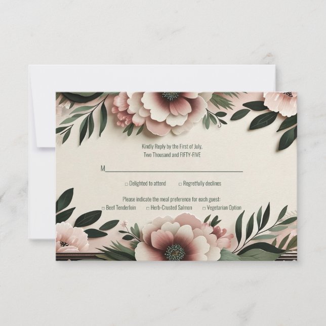 Cartons Réponse Vert foncé luxuriant et rose pâle Mariage floral (Devant)