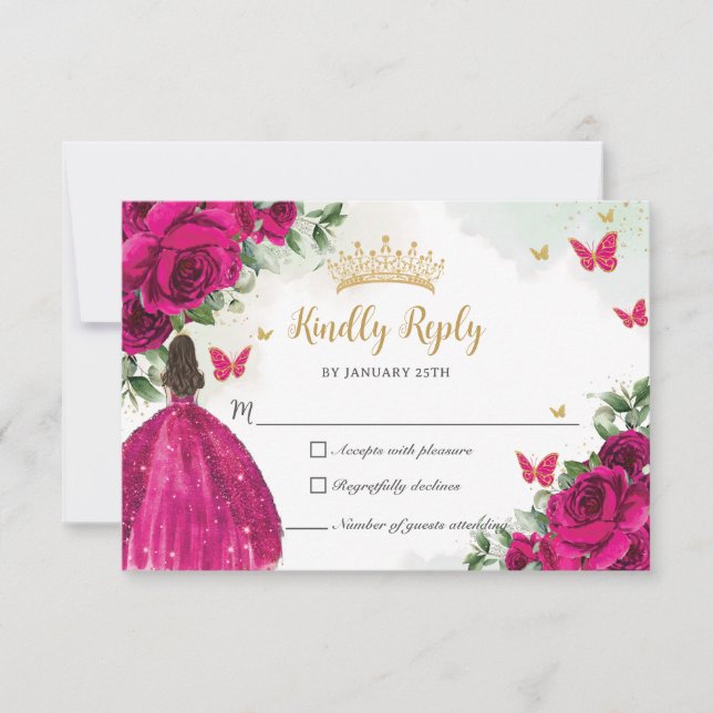 Cartons Réponse Vibrant Fuchsia rose Floral Princesse Quinceañera (Devant)