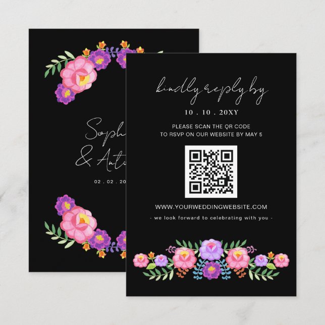 Cartons Réponse Vibrant Mexican Floral Fiesta Wedding QR code (Devant / Derrière)