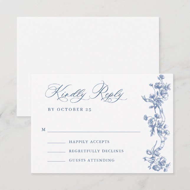 Cartons Réponse Victorien Ornate Grace Floral Dusty Mariage bleu (Devant / Derrière)