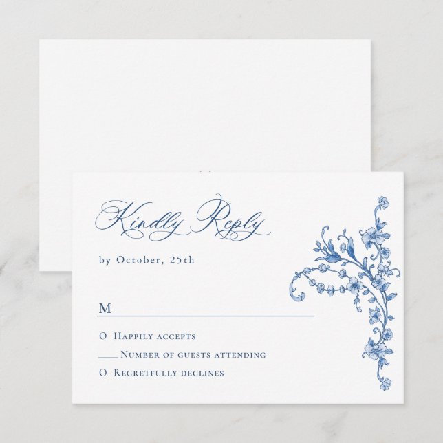 Cartons Réponse Victorien Ornate Grace Floral Dusty Mariage bleu (Devant / Derrière)