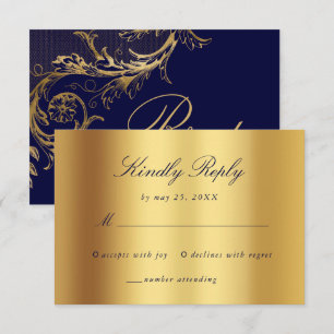 Cartons Réponse Vintage Blue Gold Floral Damask Script Mariage