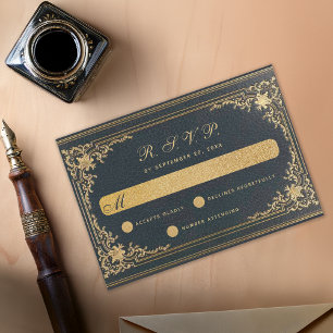 Cartons Réponse Vintage Elegant Blue Gold Calligraphy Mariage