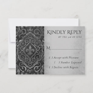 Cartons Réponse Vintage Fleur de Lis Damask   Grunge noir en argen