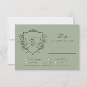 Cartons Réponse Vintage Floral Crest Olive Sage Monogramme Mariage