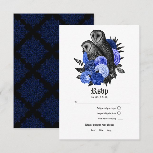 Cartons Réponse Vintage Royal Blue Owls Mariage gothique (Devant / Derrière)