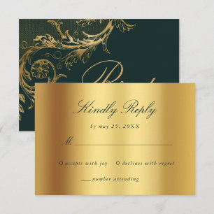 Cartons Réponse Vintage Vert or Floral Damask Script Mariage