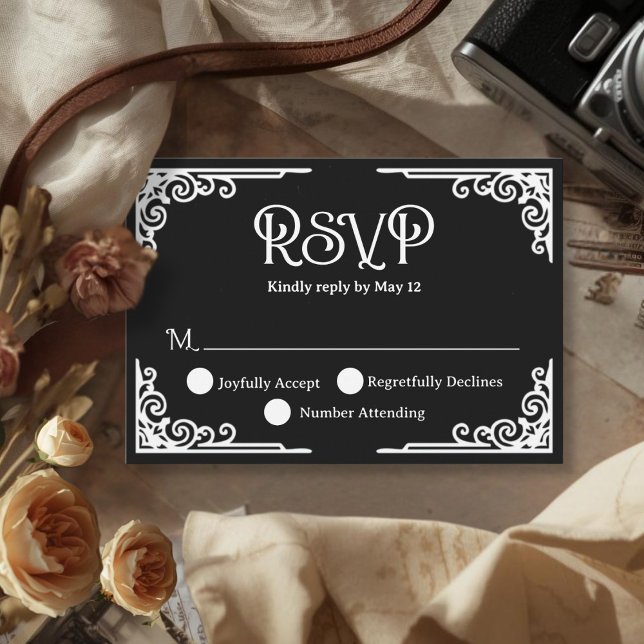 Cartons Réponse  Vintage White Black Wedding  (Cinematic Vintage White Black Wedding RSVP Card)