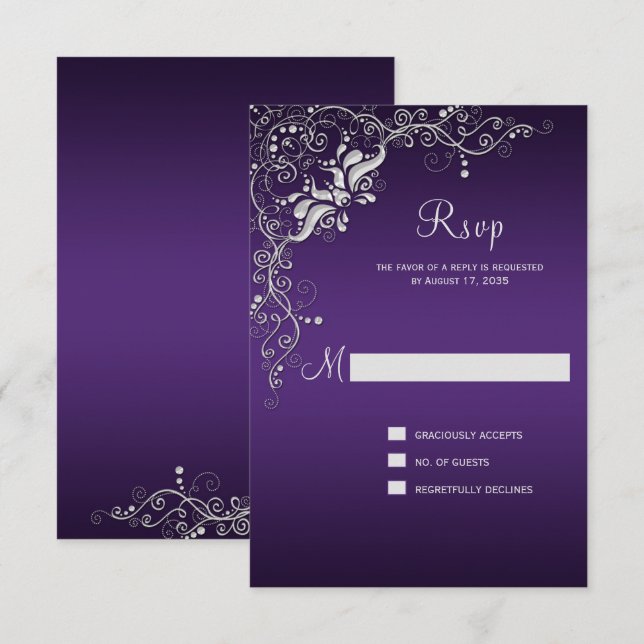 Cartons Réponse Violet foncé avec des torsades florales d'argent o (Devant / Derrière)