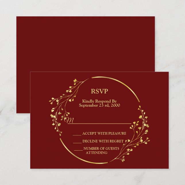 Cartons Réponse Wedding Golden Floral Geometric Wreath Red (Devant / Derrière)