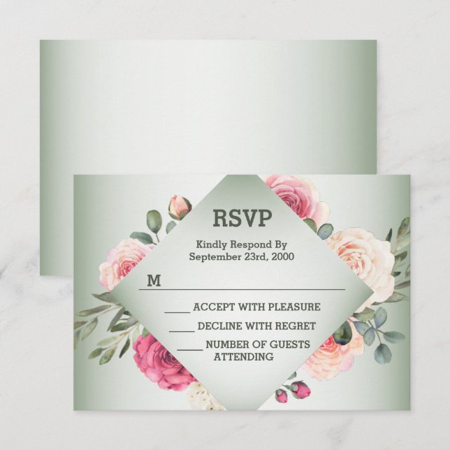 Cartons Réponse Wedding Pink Floral Rustic Geometric Green (Devant / Derrière)