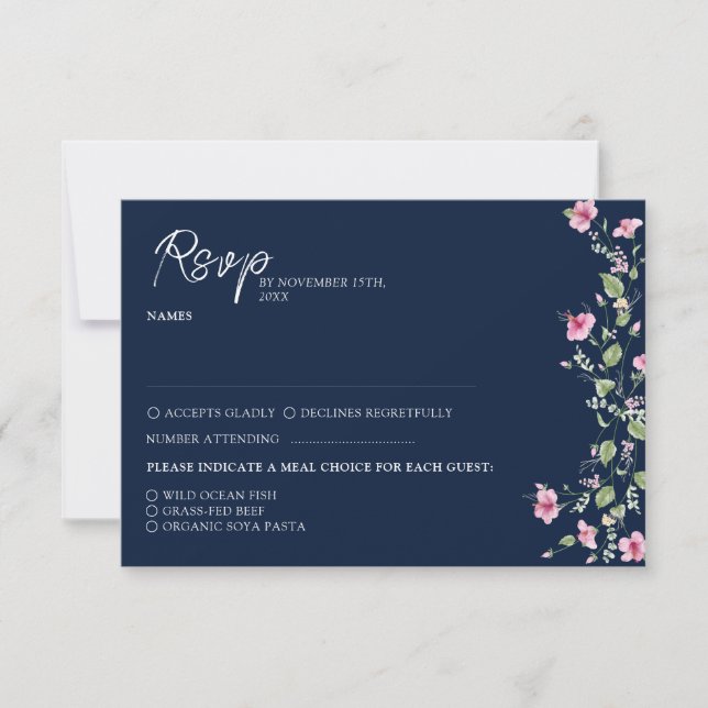 Cartons Réponse Wedding shower en fleur d'Hibiscus rose bleu marin (Devant)