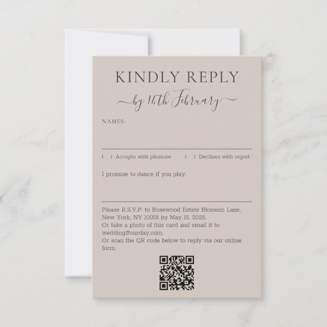 Cartons Réponse Wedding Soft Beige Signature QR Code Kindly Reply (Devant)