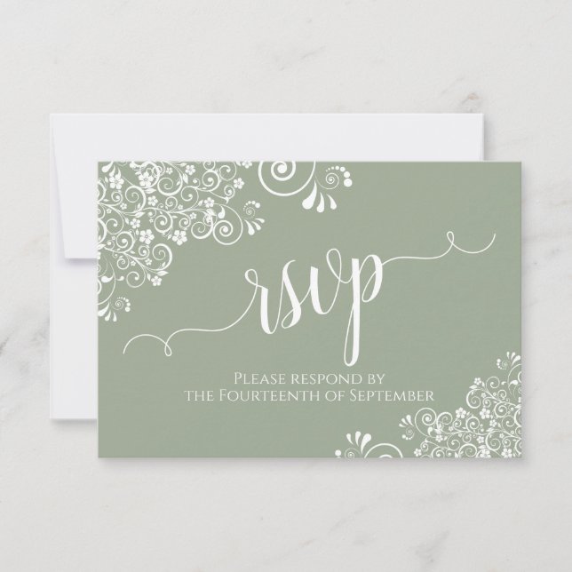 Cartons Réponse White Lace Sage Green Élégant Mariage de calligrap (Devant)