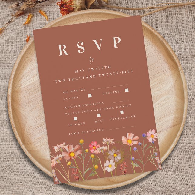 Cartons Réponse Wildflower Fall Terracotta Meal Options Wedding (Wildflower boho fall floral terracotta rust meal options Wedding RSVP card Autumn garden meadow )