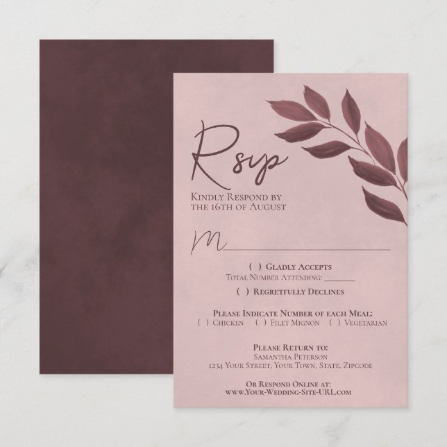Cartons Réponse Wistful Leaves Dusty Rose Moderne Chic Wedding (Devant / Derrière)