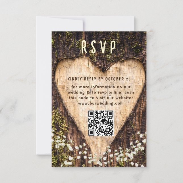Cartons Réponse Wood Bark Heart Rustic Mariage code QR (Devant)