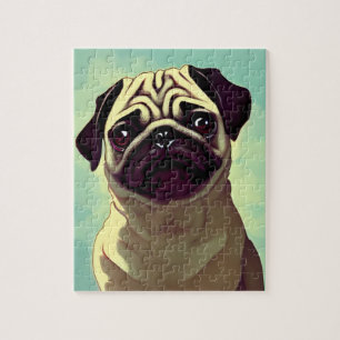 Cartoon adorable pug pup wrinkled nose portrait jigsaw puzzle