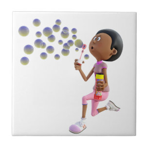 Cartoon African American Girl Blowing Bubbles Tile