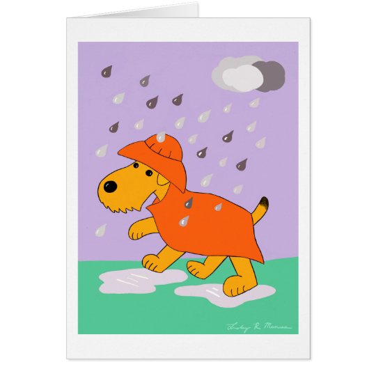 Cartoon Airedale Terrier Dog in Rain Greeting Card